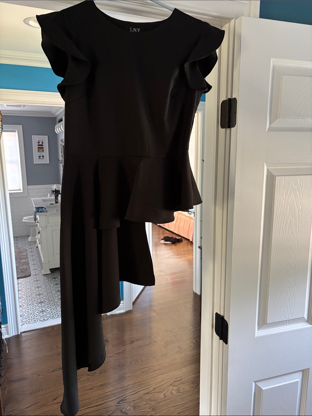 Black Asymmetric Ruffle Sleeve Top